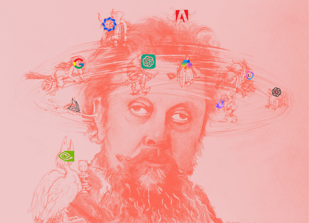 Shows AI icons swirling around a person's head. It captures the mental overload and confusion many feel 